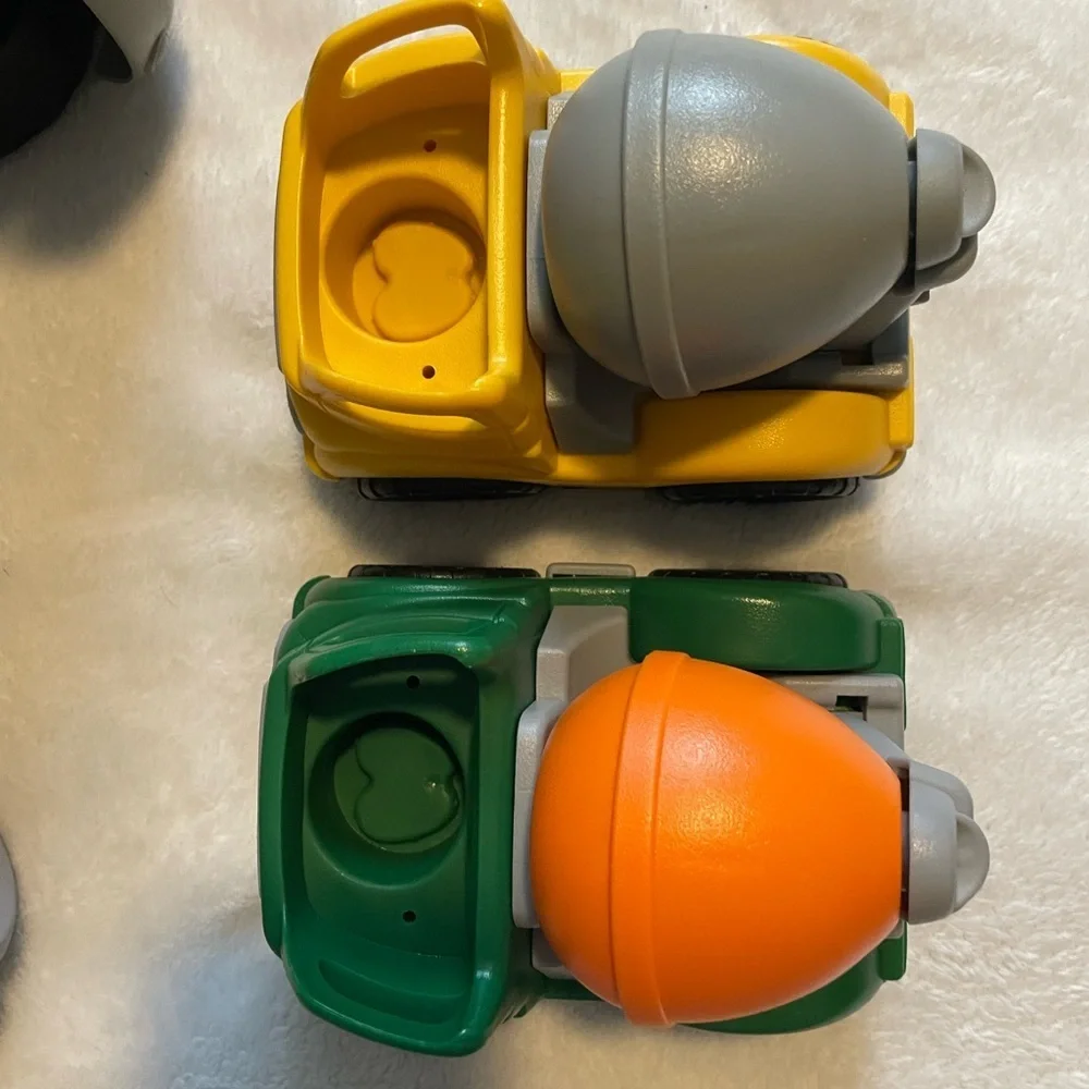 Bundle of Green Toys Firetruck, Car Loader, and Cement Truck